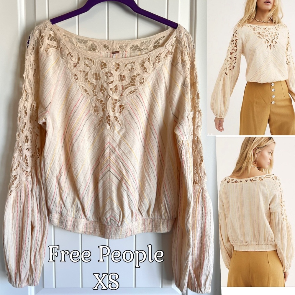 Free People Cream Lace & Striped Detail Peasant Top, XS